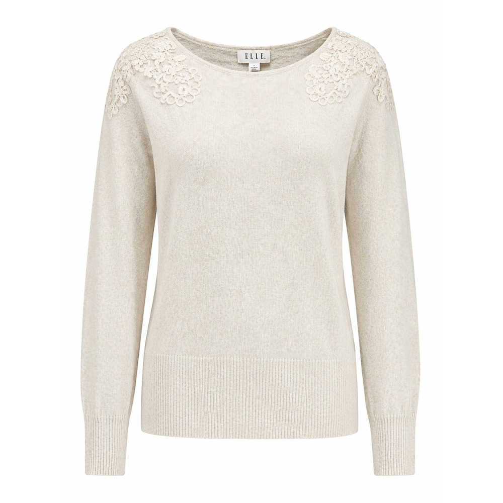 ELLE Sweater Womens Small Cream Lace Shoulder Knit Lightweight Classic